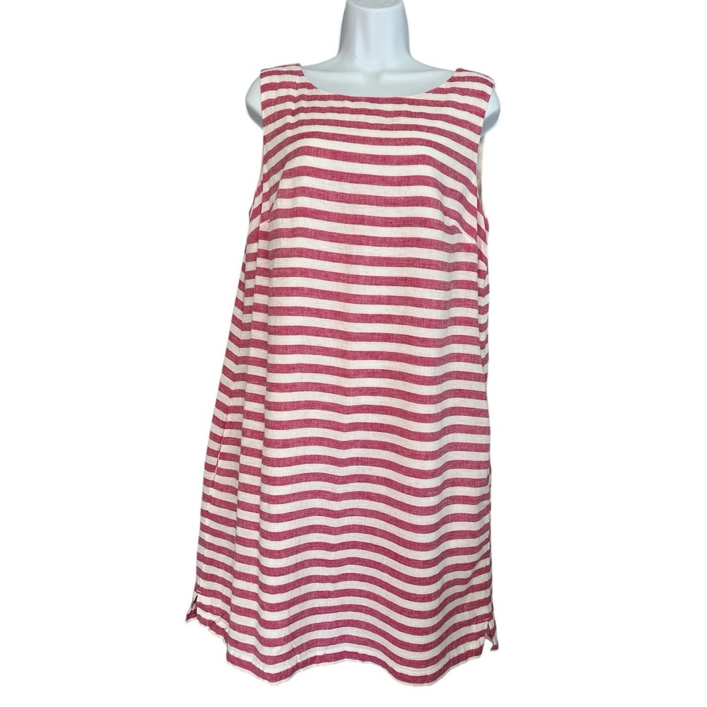 KIM ROGERS Striped Linen Blend Shift Dress with Pockets Pink & White Sz Medium